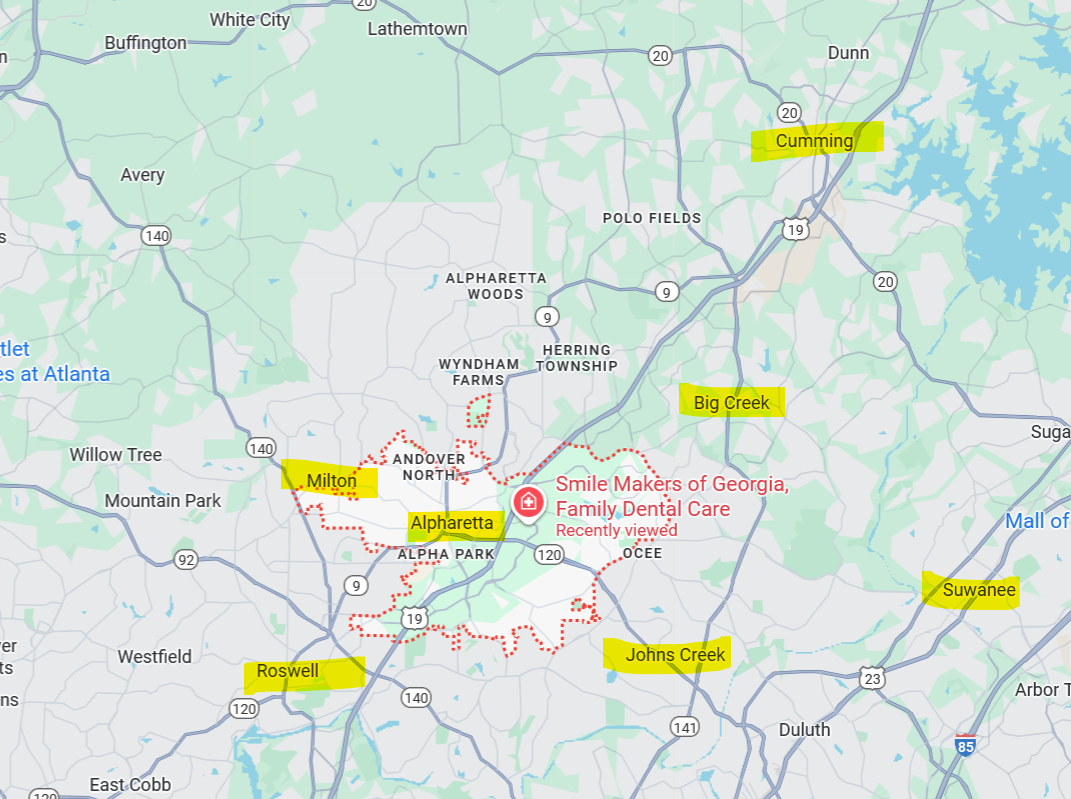 Map of areas served by Smile Makers of Georgia in North Atlanta.