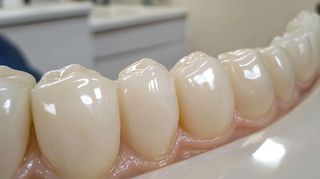 Close-up of a row of porcelain veneers